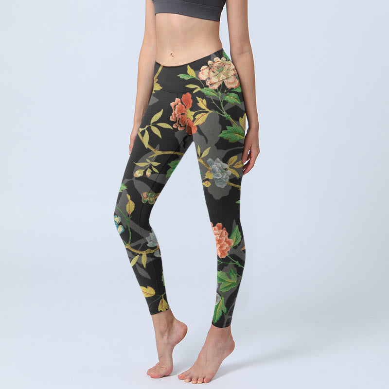Buddha Stonesクラシック 花 葉 蝶 鳥 柄 プリント ジムレギンス レディース ヨガパンツ - 黒 - US18、 UK/AU22、 EU50 (4XL) - image 0