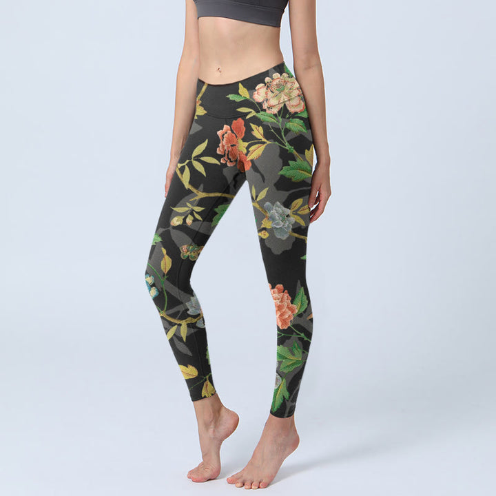 Buddha Stonesクラシック 花 葉 蝶 鳥 柄 プリント ジムレギンス レディース ヨガパンツ - 黒 - US18、 UK/AU22、 EU50 (4XL) - image 0
