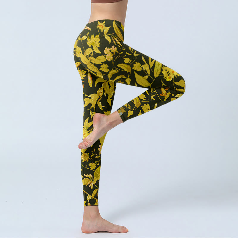 Buddha Stonesの豪華な花と葉、鳥の模様のプリントジムレギンスレディースヨガパンツ - image 3