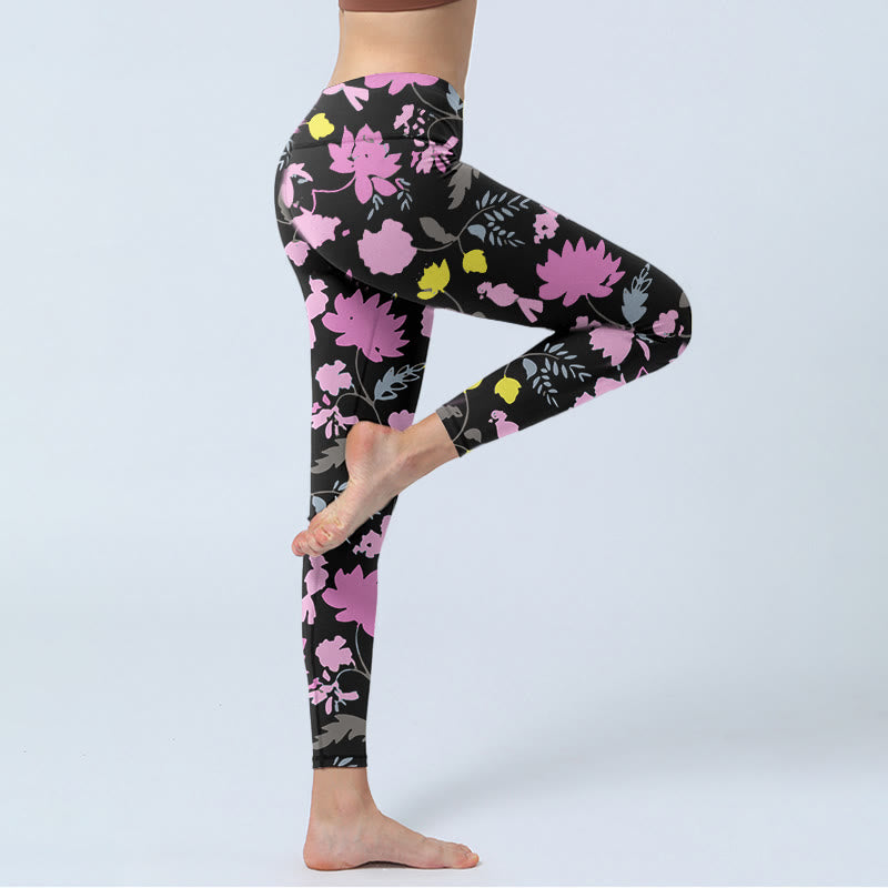 Buddha Stones水彩風の柔らかな色合いの花葉柄プリントジムレギンスレディースヨガパンツ - image 3