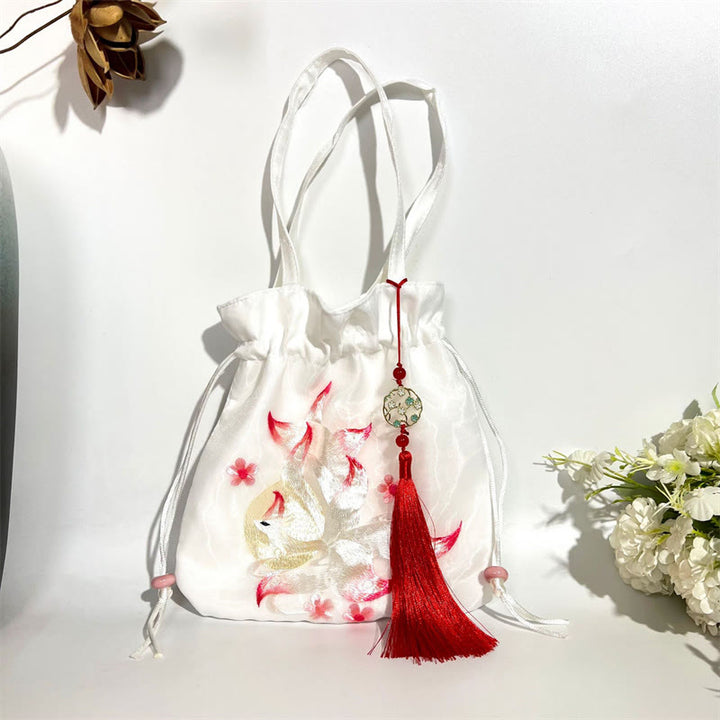 Buddha Stones蘇州刺繍蓮鹿花牡丹うさぎコットンリネントートバッグショルダーバッグハンドバッグ - 白九尾狐 21×22cm - image 22