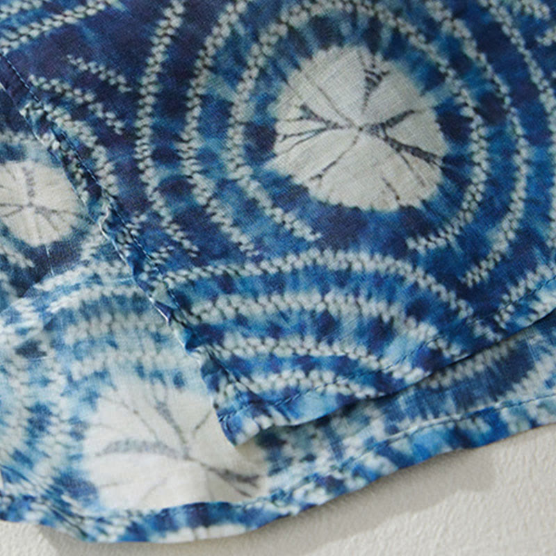 Buddha Stonesサマーブルーフローラルストライプ 円形スタンドカラーデザイン 半袖ミディドレス ポケット付き - image 5