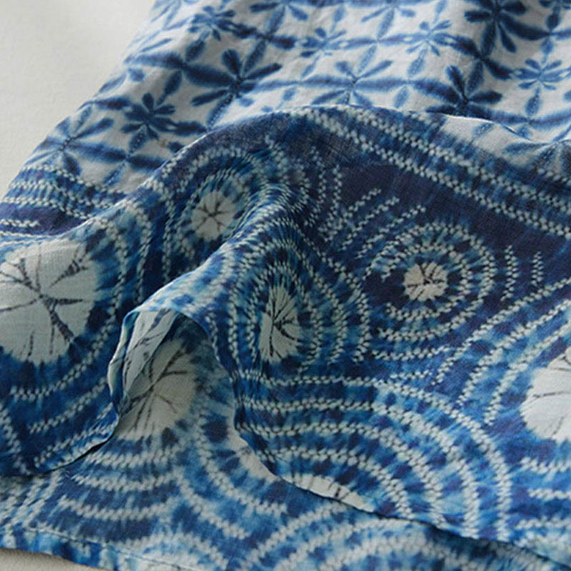 Buddha Stonesサマーブルーフローラルストライプ 円形スタンドカラーデザイン 半袖ミディドレス ポケット付き - image 6