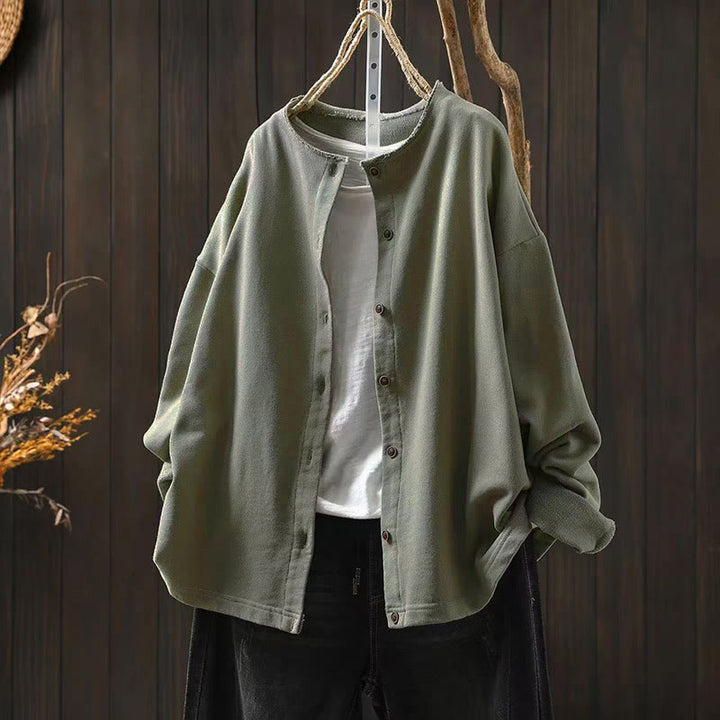 Buddha Stones秋冬 無地 ボタンダウン クルーネック 長袖 レディース コットンシャツ - ダークシーグリーン - US4-8/10、 UK/AU8-12/14、 EU36-40/42 (F) - image 22