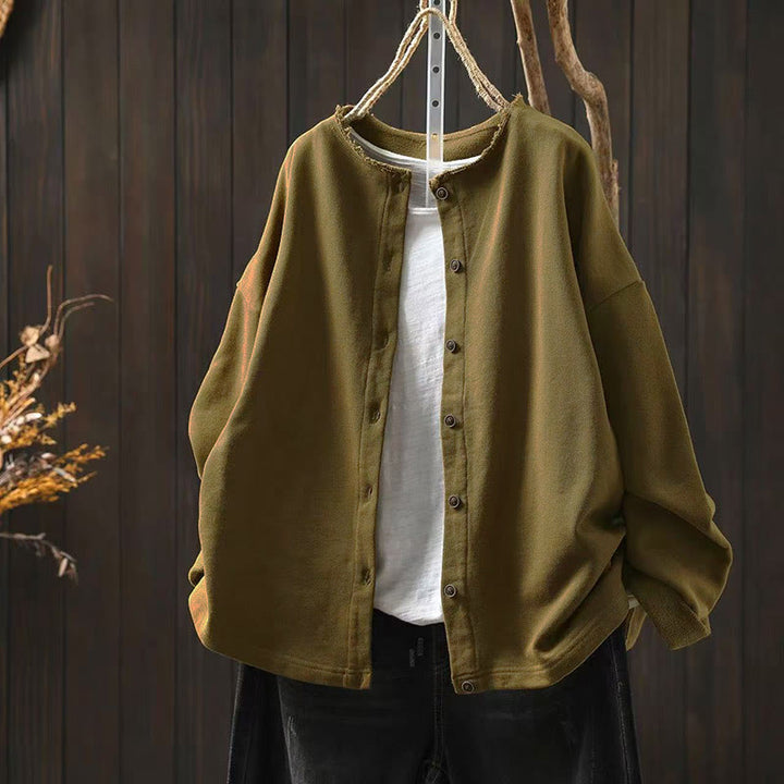 Buddha Stones秋冬 無地 ボタンダウン クルーネック 長袖 レディース コットンシャツ - ダークカーキ - US4-8/10、 UK/AU8-12/14、 EU36-40/42 (F) - image 0