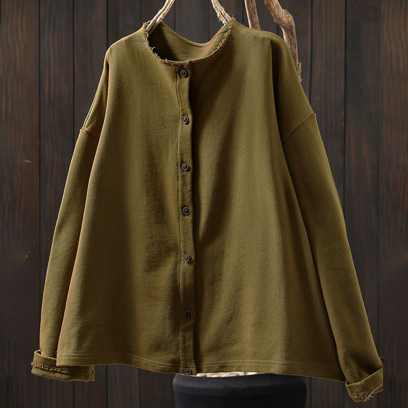 Buddha Stones秋冬 無地 ボタンダウン クルーネック 長袖 レディース コットンシャツ - image 6