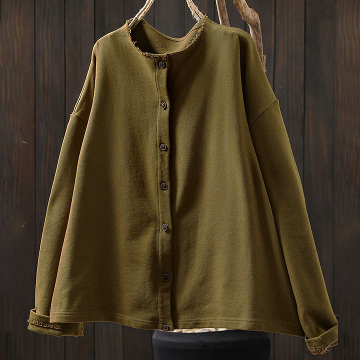 Buddha Stones秋冬 無地 ボタンダウン クルーネック 長袖 レディース コットンシャツ - image 6