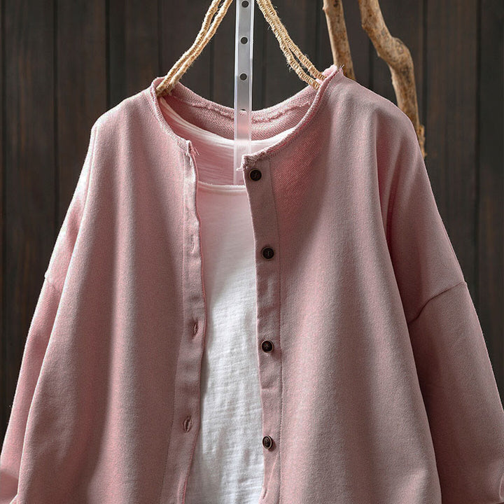 Buddha Stones秋冬 無地 ボタンダウン クルーネック 長袖 レディース コットンシャツ - image 2