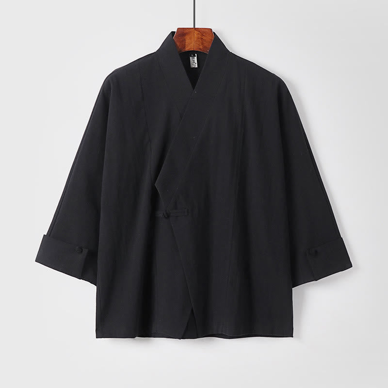 Buddha Stones無地 ワンチャイニーズフロッグボタンジャケット コットンリネン メンズ 半袖着物 - 黒 - US/UK/AU54、 EU64 (9XL) - image 10