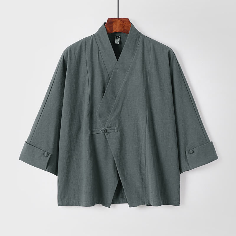Buddha Stones無地 ワンチャイニーズフロッグボタンジャケット コットンリネン メンズ 半袖着物 - キャデットブルー - US/UK/AU54、 EU64 (9XL) - image 1