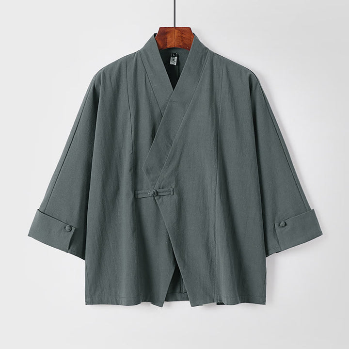 Buddha Stones無地 ワンチャイニーズフロッグボタンジャケット コットンリネン メンズ 半袖着物 - キャデットブルー - US/UK/AU54、 EU64 (9XL) - image 1