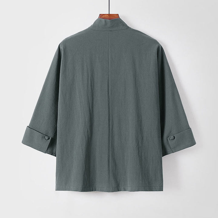 Buddha Stones無地 ワンチャイニーズフロッグボタンジャケット コットンリネン メンズ 半袖着物 - image 2