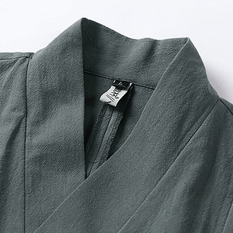 Buddha Stones無地 ワンチャイニーズフロッグボタンジャケット コットンリネン メンズ 半袖着物 - image 3