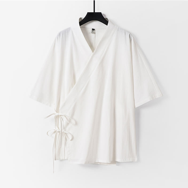 Buddha Stones無地 レースアップ コットンリネン メンズ 七分袖 着物 - 白 - US/UK/AU54、 EU64 (9XL) - image 11