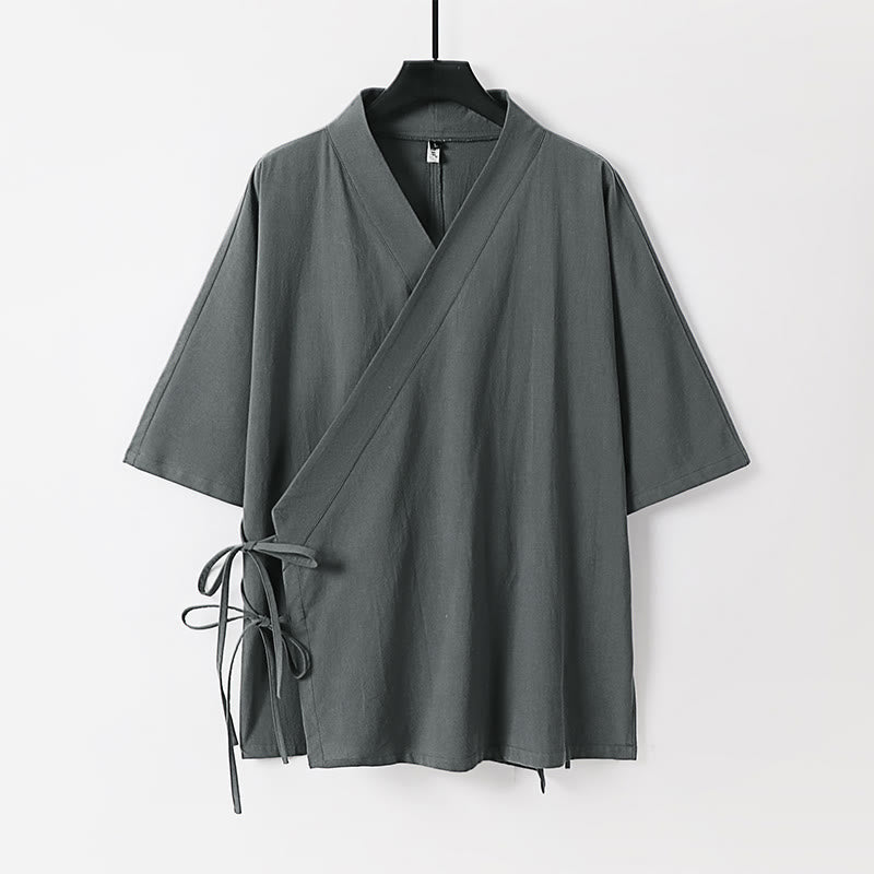 Buddha Stones無地 レースアップ コットンリネン メンズ 七分袖 着物 - グレー - US/UK/AU54、 EU64 (9XL) - image 0