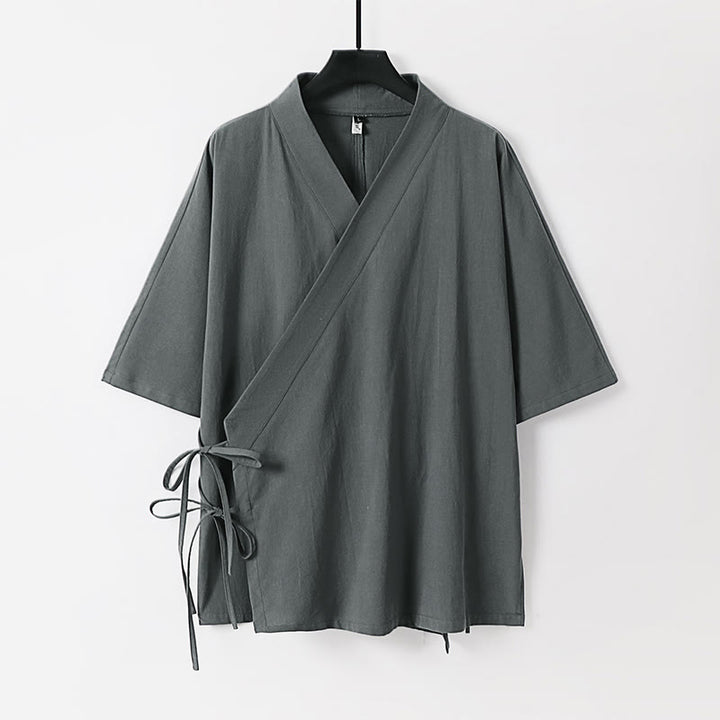 Buddha Stones無地 レースアップ コットンリネン メンズ 七分袖 着物 - グレー - US/UK/AU54、 EU64 (9XL) - image 0