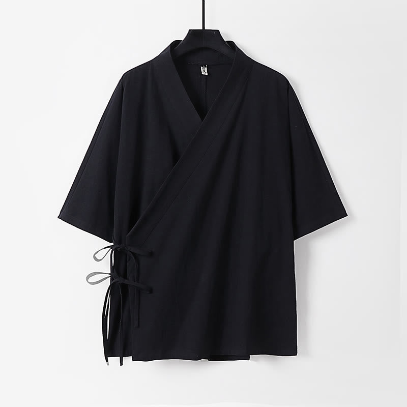 Buddha Stones無地 レースアップ コットンリネン メンズ 七分袖 着物 - 黒 - US/UK/AU54、 EU64 (9XL) - image 9