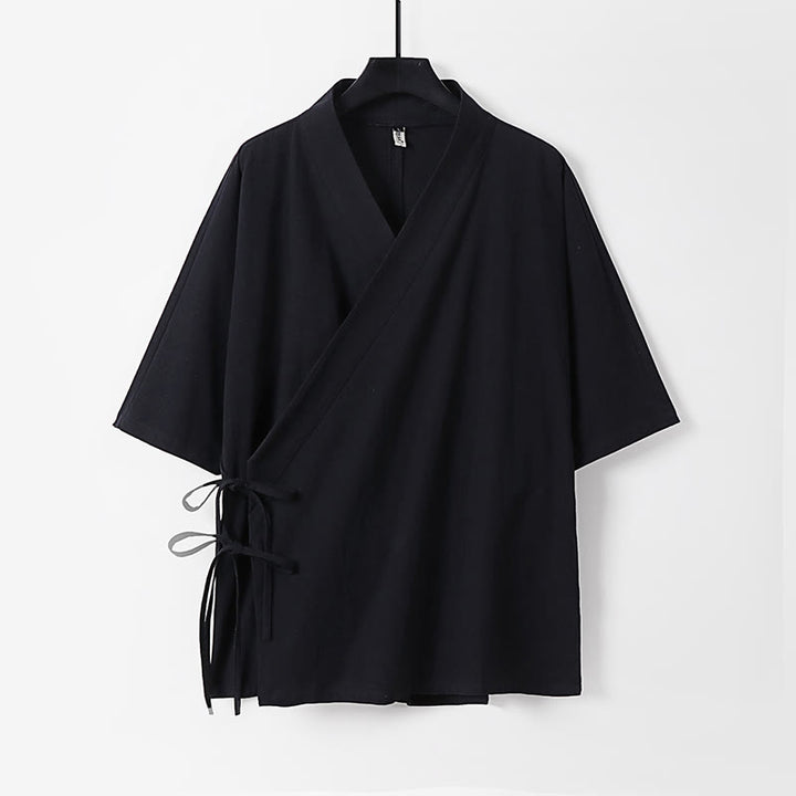 Buddha Stones無地 レースアップ コットンリネン メンズ 七分袖 着物 - 黒 - US/UK/AU54、 EU64 (9XL) - image 9