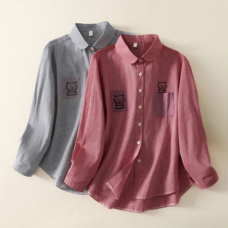Buddha Stones秋 猫 子猫 刺繍 チェック柄 スタンドカラー ボタンダウンデザイン レディース 長袖シャツ - image 16