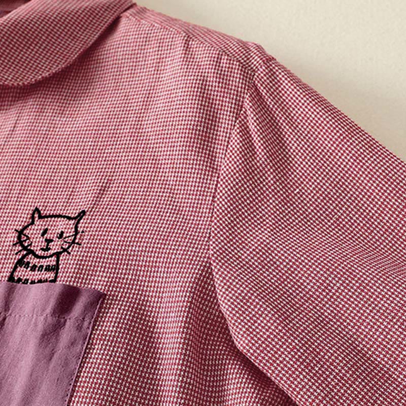 Buddha Stones秋 猫 子猫 刺繍 チェック柄 スタンドカラー ボタンダウンデザイン レディース 長袖シャツ - image 8