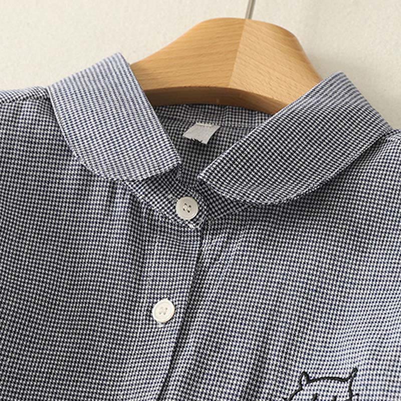 Buddha Stones秋 猫 子猫 刺繍 チェック柄 スタンドカラー ボタンダウンデザイン レディース 長袖シャツ - image 1