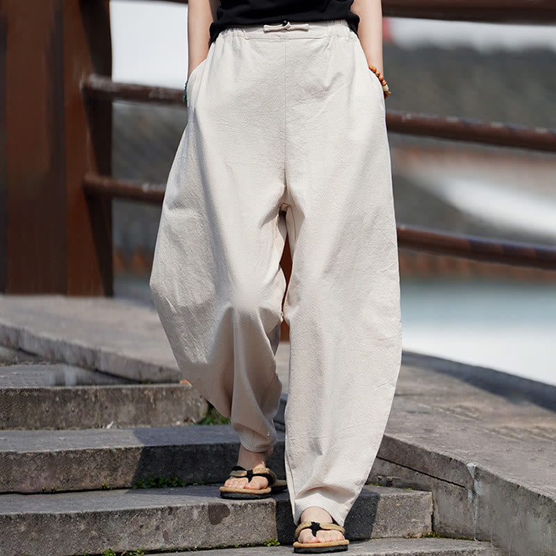 Buddha Stones夏 無地 中国風 カエルボタン ストレートレッグデザイン メンズ コットンリネン パンツ ポケット付き - image 2