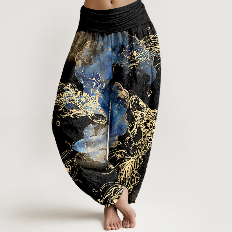 Buddha Stonesピュアコットン 鯉鯉レディース 伸縮性ウエスト ハーレムパンツ - 黒 - US16、 UK/AU20、 EU48 (3XL) - image 5