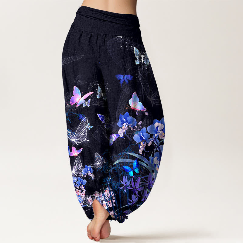 Buddha Stones純綿 夢のような蝶 花 草 竹柄 レディース 伸縮性ウエスト ハーレムパンツ - image 1