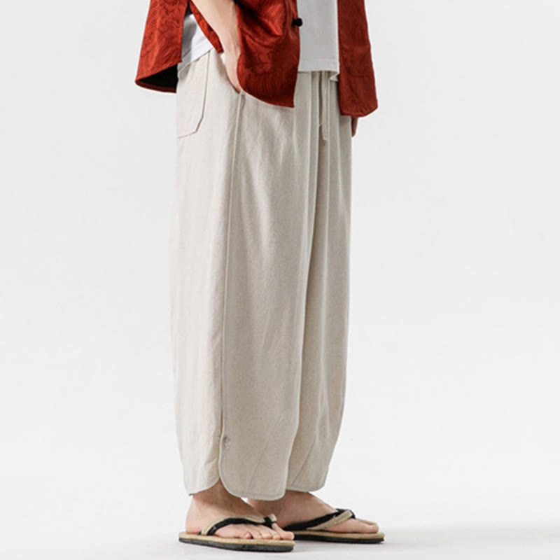 Buddha Stones夏 無地 ドローストリングデザイン リネンコットン メンズ 7-8丈 ポケット付きパンツ - image 5