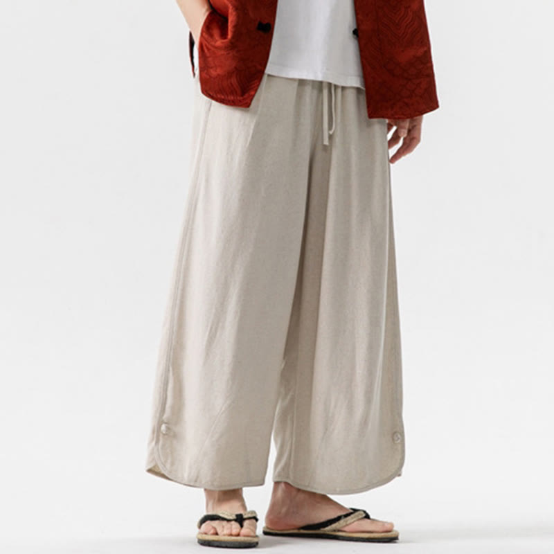 Buddha Stones夏 無地 ドローストリングデザイン リネンコットン メンズ 7-8丈 ポケット付きパンツ - image 7