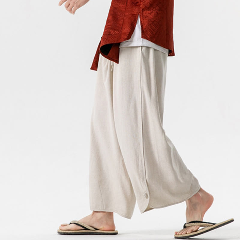 Buddha Stones夏 無地 ドローストリングデザイン リネンコットン メンズ 7-8丈 ポケット付きパンツ - image 3