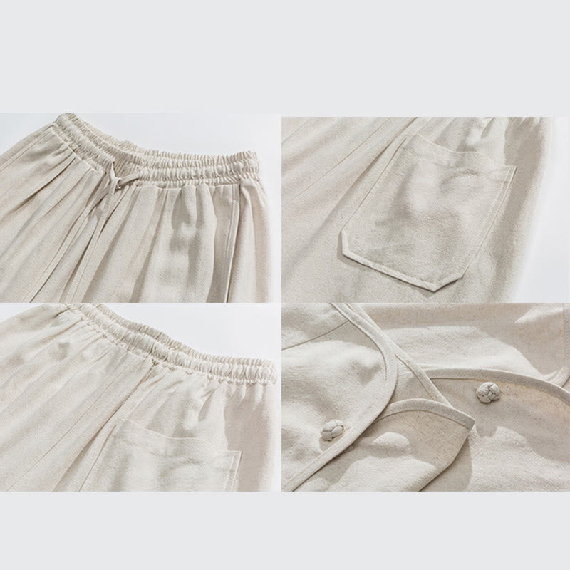 Buddha Stones夏 無地 ドローストリングデザイン リネンコットン メンズ 7-8丈 ポケット付きパンツ - image 9
