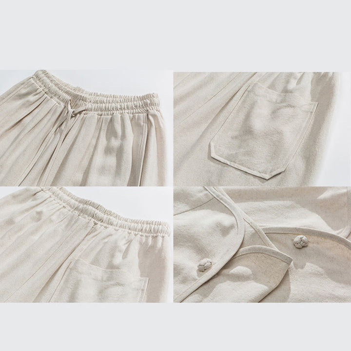 Buddha Stones夏 無地 ドローストリングデザイン リネンコットン メンズ 7-8丈 ポケット付きパンツ - image 9