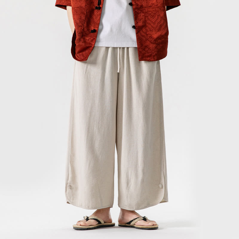 Buddha Stones夏 無地 ドローストリングデザイン リネンコットン メンズ 7-8丈 ポケット付きパンツ - ベージュ - US/UK/AU46、 EU56 (5XL) - image 1