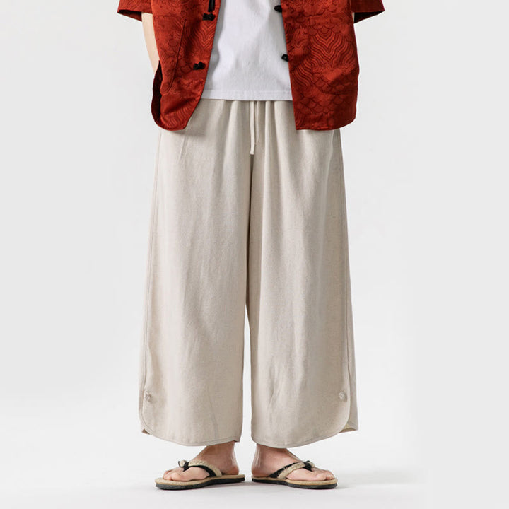 Buddha Stones夏 無地 ドローストリングデザイン リネンコットン メンズ 7-8丈 ポケット付きパンツ - ベージュ - US/UK/AU46、 EU56 (5XL) - image 1