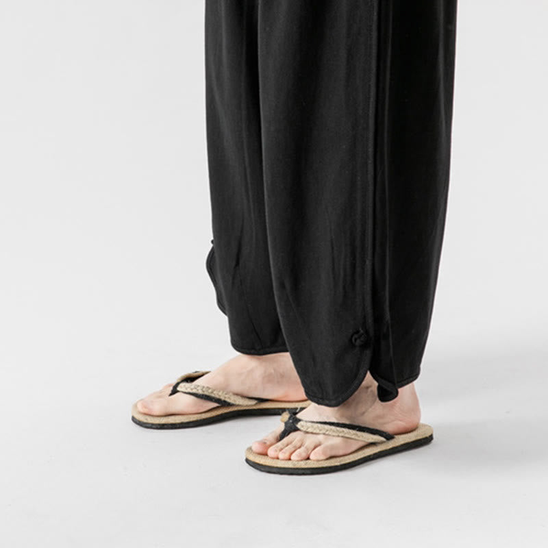 Buddha Stones夏 無地 ドローストリングデザイン リネンコットン メンズ 7-8丈 ポケット付きパンツ - image 25