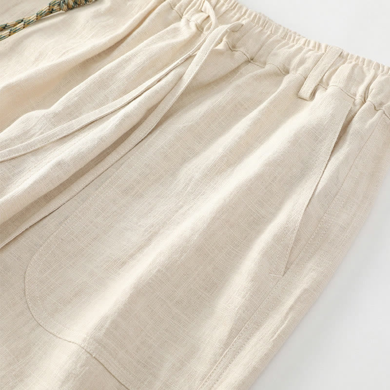 Buddha Stones夏用 ラミー リネン コットン アンクル丈 伸縮性カフス テーパード メンズ パンツ ポケット付き - image 3