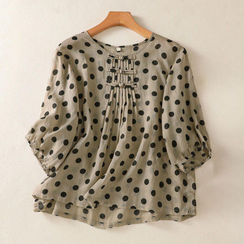 Buddha Stones秋 ラウンドネック 水玉 長袖 レディース ポリエステル シャツ  - タン - US12、 UK/AU16、 EU44 (2XL) - image 15