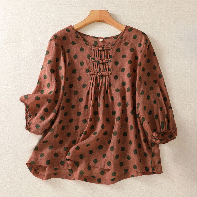 Buddha Stones秋 ラウンドネック 水玉 長袖 レディース ポリエステル シャツ  - 耐火レンガ - US12、 UK/AU16、 EU44 (2XL) - image 0