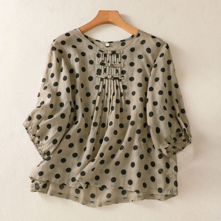 Buddha Stones秋 ラウンドネック 水玉 長袖 レディース ポリエステル シャツ  - タン - US12、 UK/AU16、 EU44 (2XL) - image 15