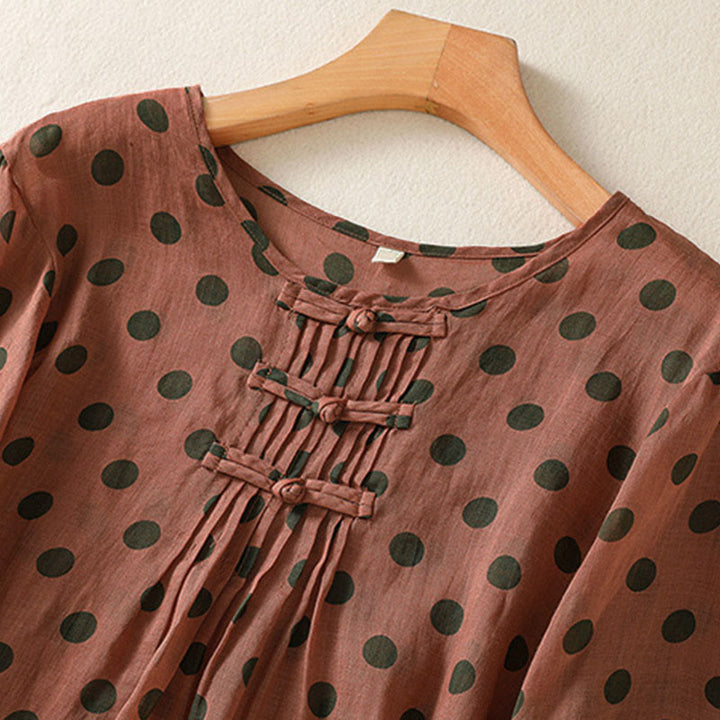 Buddha Stones秋 ラウンドネック 水玉 長袖 レディース ポリエステル シャツ  - image 1