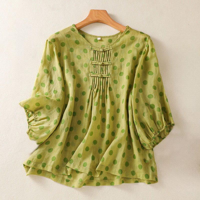 Buddha Stones秋 ラウンドネック 水玉 長袖 レディース ポリエステル シャツ  - 黄緑 - US12、 UK/AU16、 EU44 (2XL) - image 7