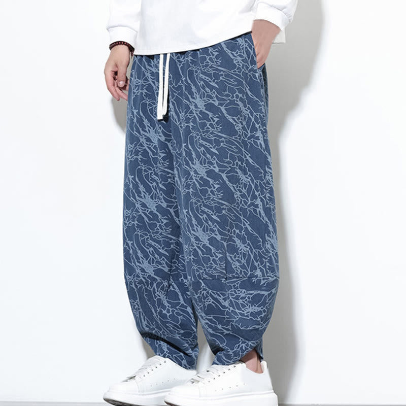 Buddha Stones秋 テクスチャードラインプリント コットン 伸縮性ウエスト アンクル丈 メンズ ハーレムパンツ ポケット付き - image 4