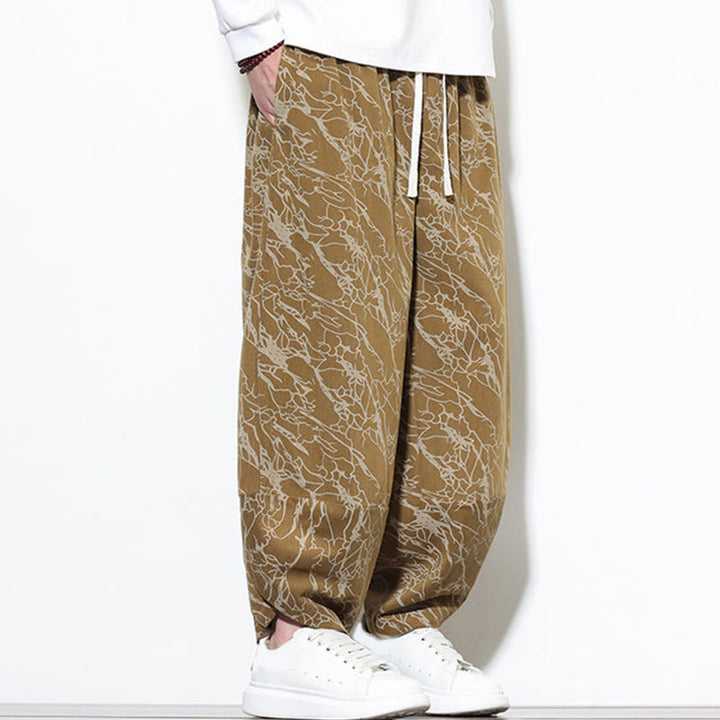 Buddha Stones秋 テクスチャードラインプリント コットン 伸縮性ウエスト アンクル丈 メンズ ハーレムパンツ ポケット付き - image 20