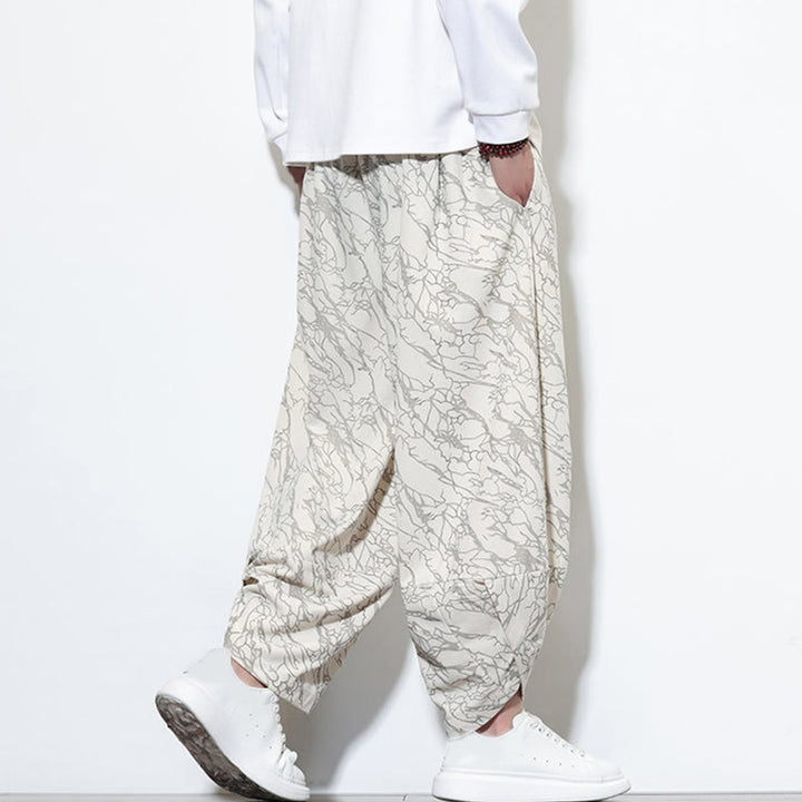 Buddha Stones秋 テクスチャードラインプリント コットン 伸縮性ウエスト アンクル丈 メンズ ハーレムパンツ ポケット付き - image 27