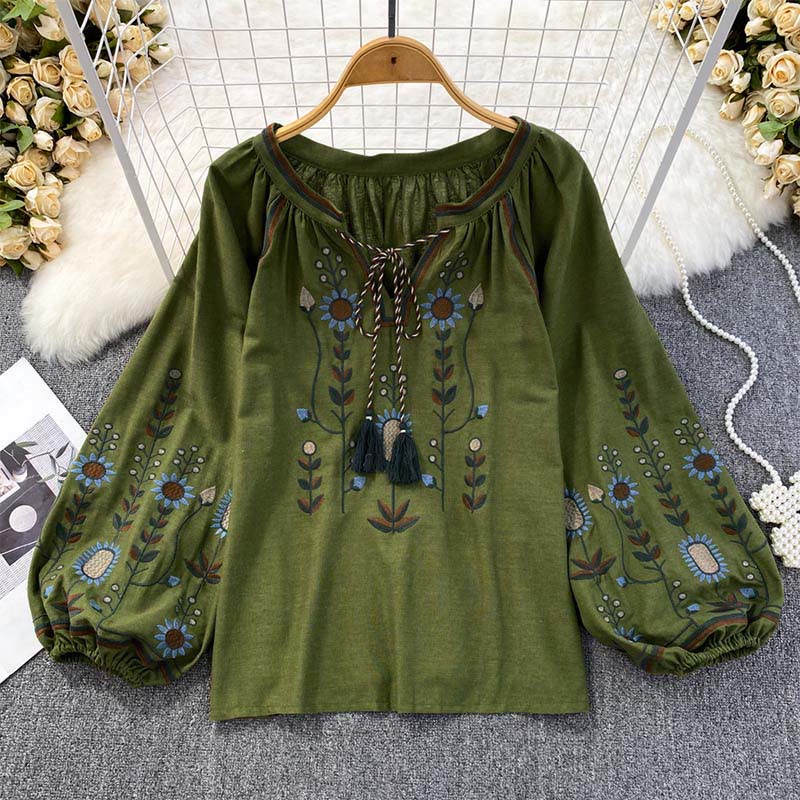 Buddha Stonesカジュアル刺繍花葉柄レディースコットンリネンラウンドネックTシャツ  - ダークグリーン - US4-6、 UK/AU8-10、 EU36-38 (F) - image 0