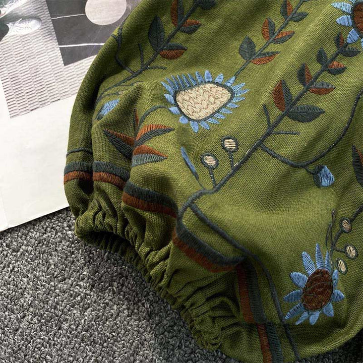 Buddha Stonesカジュアル刺繍花葉柄レディースコットンリネンラウンドネックTシャツ  - image 6