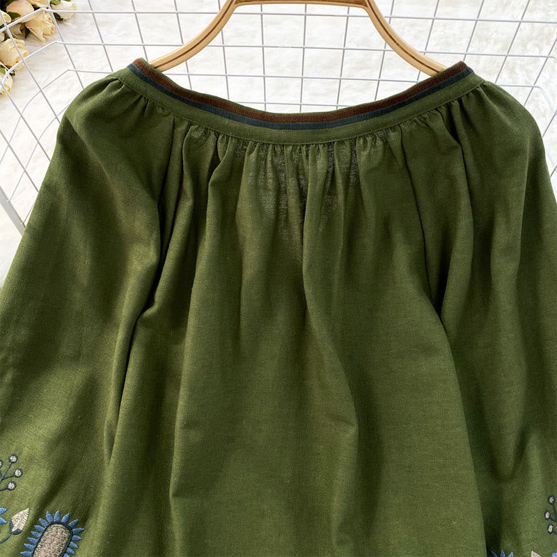 Buddha Stonesカジュアル刺繍花葉柄レディースコットンリネンラウンドネックTシャツ  - image 10