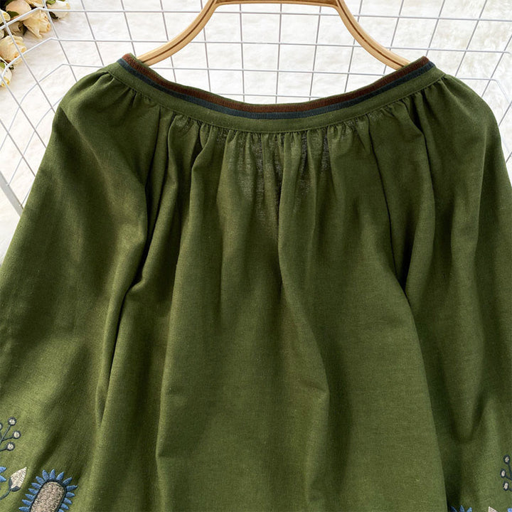 Buddha Stonesカジュアル刺繍花葉柄レディースコットンリネンラウンドネックTシャツ  - image 10