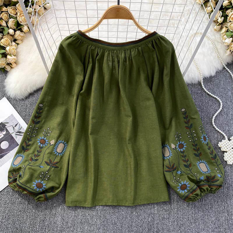 Buddha Stonesカジュアル刺繍花葉柄レディースコットンリネンラウンドネックTシャツ  - image 1